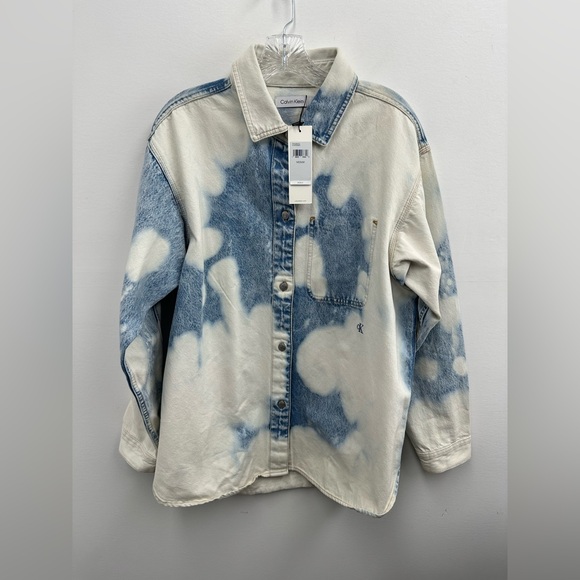 Calvin Klein Blue Big Sky Denim Shirt Jacket Shacket Tie Dye Size M - Picture 2 of 9